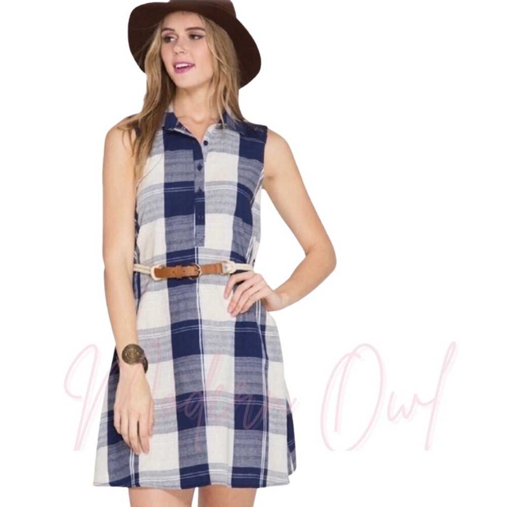 Sleeveless Plaid Dress w Lace Yoke & Belt